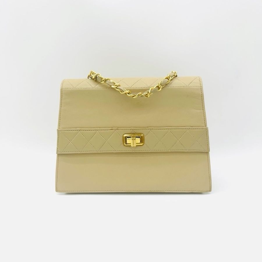 CHANEL Vintage 杏色菱格羊皮肩背包-5