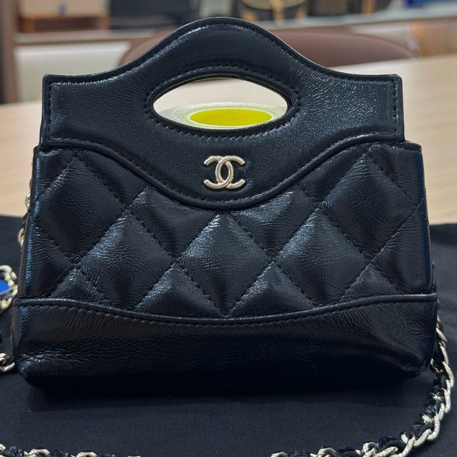 Chanel/香奈兒31Bag mini黑色油蠟皮菱格紋鏈條包手提斜挎包芯片款-0