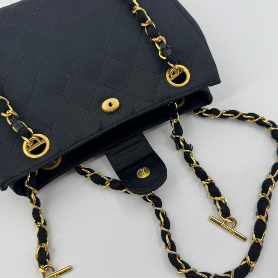 Chanel Vintage Satin and Rhinestone Shiny Black Shoulder Bag-12