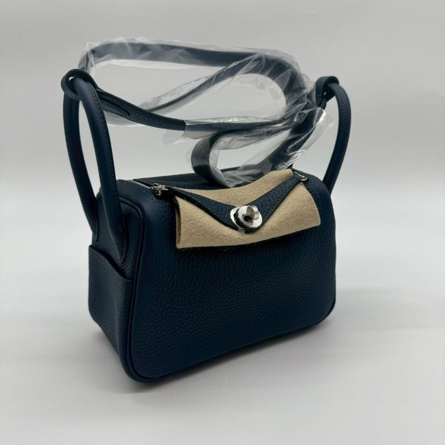 HERMES MINI LINDY 20cm 7P普魯士藍全皮銀釦手提包斜背包迷你兩用包 TC XH1320 W刻 二代-0