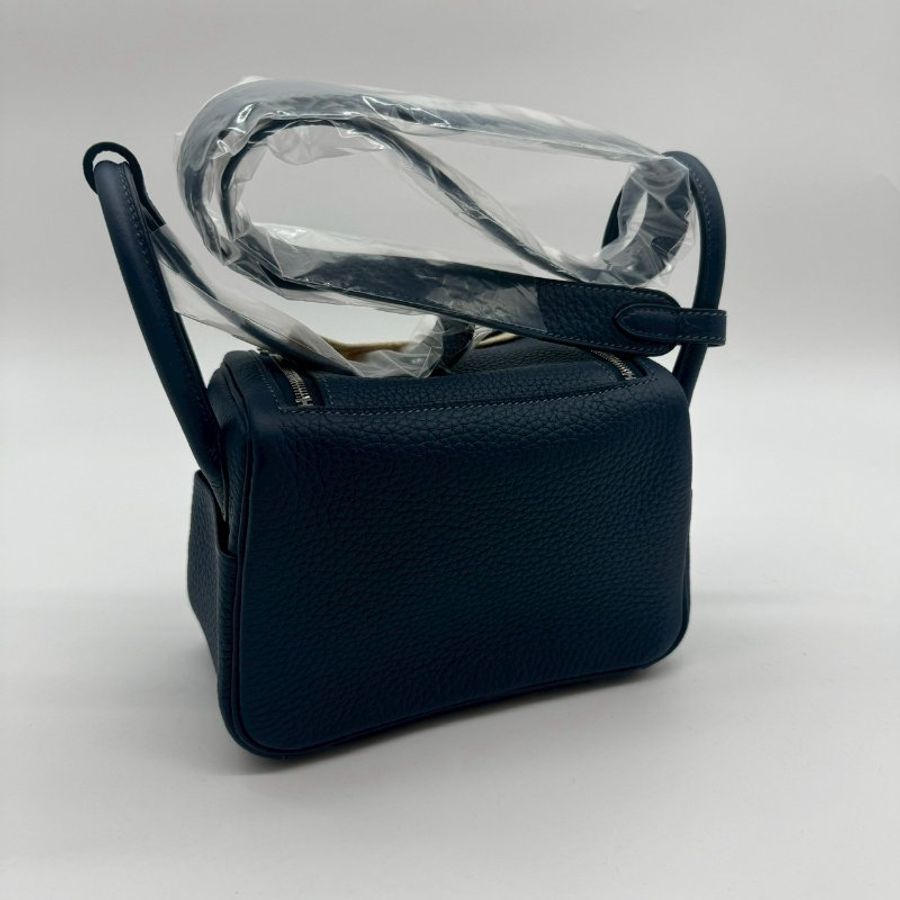 HERMES MINI LINDY 20cm 7P普魯士藍全皮銀釦手提包斜背包迷你兩用包 TC XH1320 W刻 二代-1