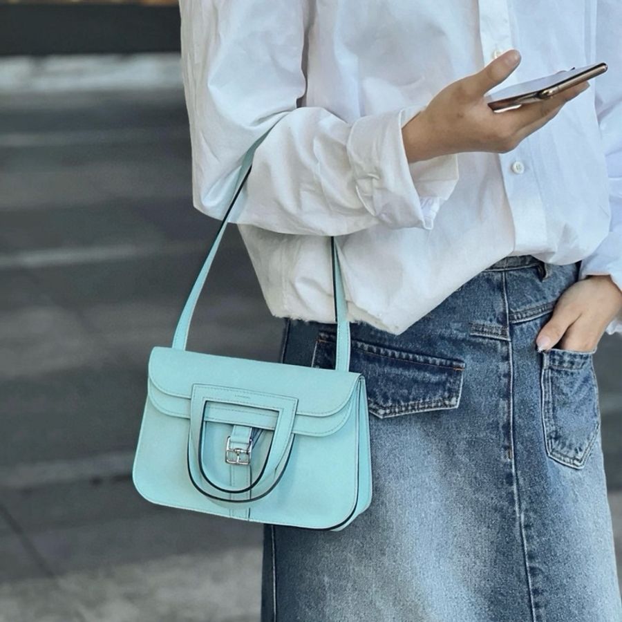 🆕Hermes愛馬仕 Halzan mini 迷你哈拉贊/哈喇子 馬蹄郵差包手提包斜挎包 銀扣 U2微風藍💙swift皮💠正品-8
