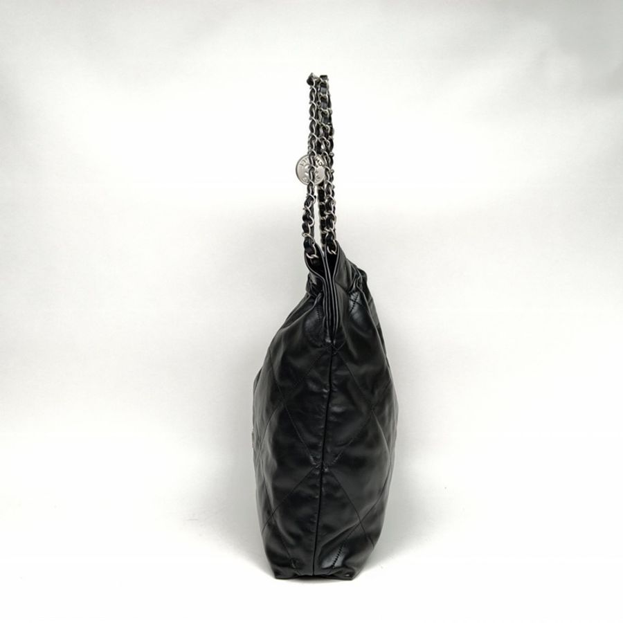 CHANEL 22BagTote托特包中號黑色牛皮晶片銀扣肩背包-1