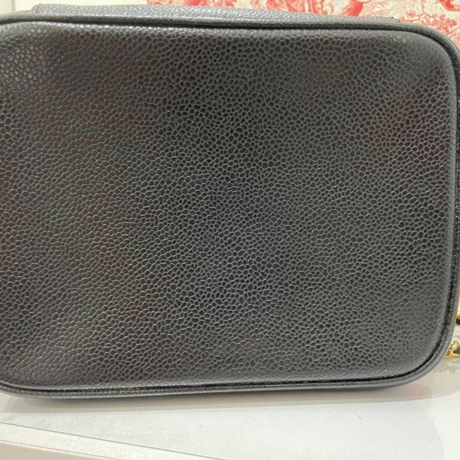 正品Chanel 荔枝皮 vintage 黑金 化妝包 手提包 斜背包-6