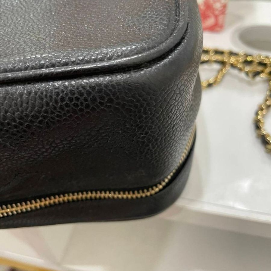 正品Chanel 荔枝皮 vintage 黑金 化妝包 手提包 斜背包-7