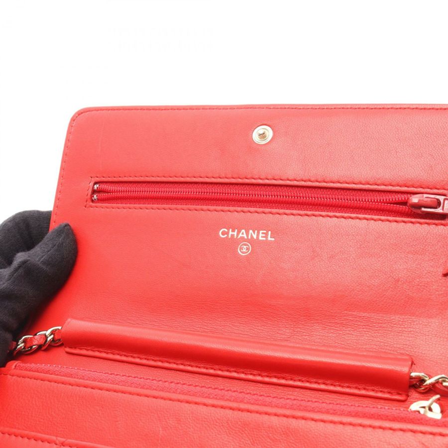 香奈兒 (CHANEL) 絎縫山茶花鏈肩背斜背包皮夾,紅色二手皮革-6