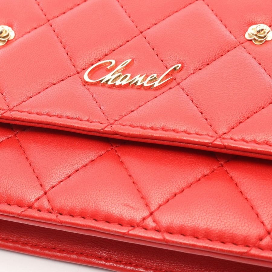 香奈兒 (CHANEL) 絎縫山茶花鏈肩背斜背包皮夾,紅色二手皮革-13