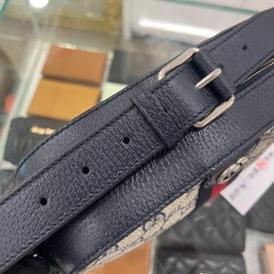 東區正精品㊣GUCCI 681064 PVC 深藍色皮革藍紅藍皮革背帶斜背包相機包 RZ6474-8