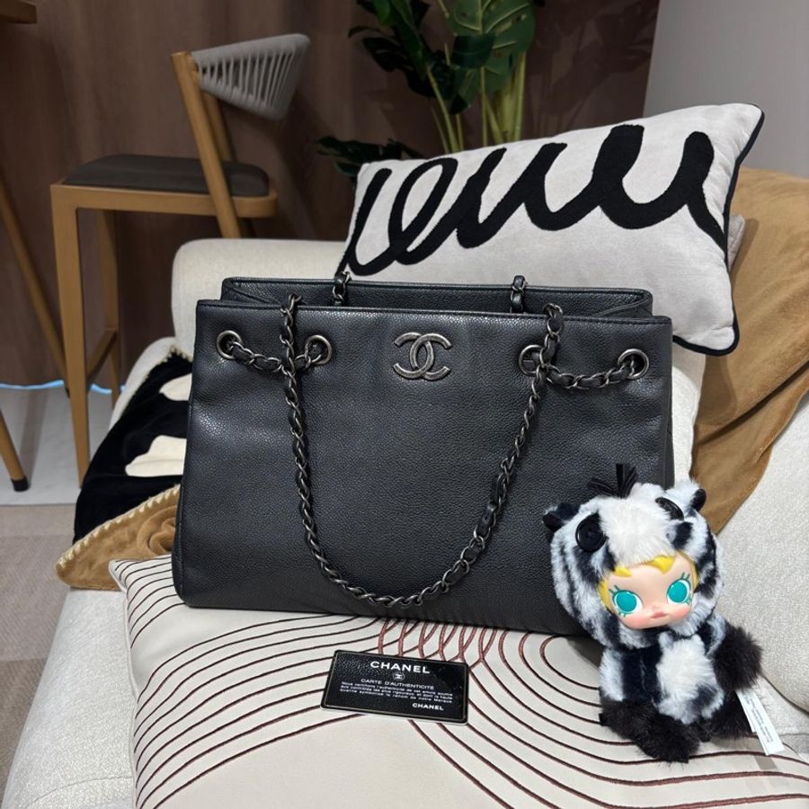 Chanel chain tote bag Caviar Skin grey 灰魚子醬牛皮復古銀扣-0