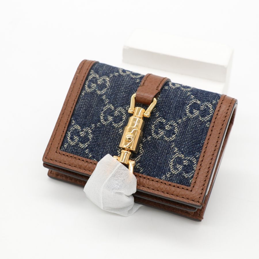 Gucci 古馳 GG 金屬搭扣 藍色 牛仔布 兩折 短夾-1