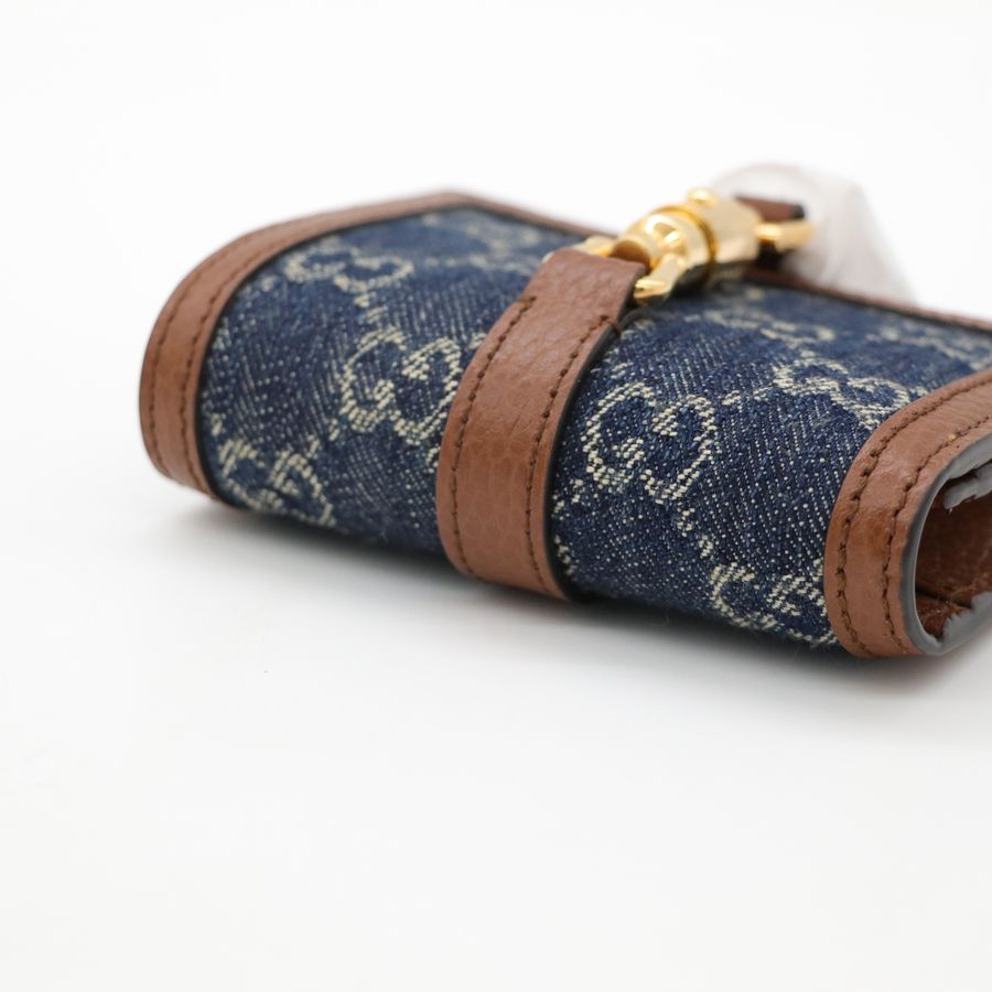 Gucci 古馳 GG 金屬搭扣 藍色 牛仔布 兩折 短夾-5