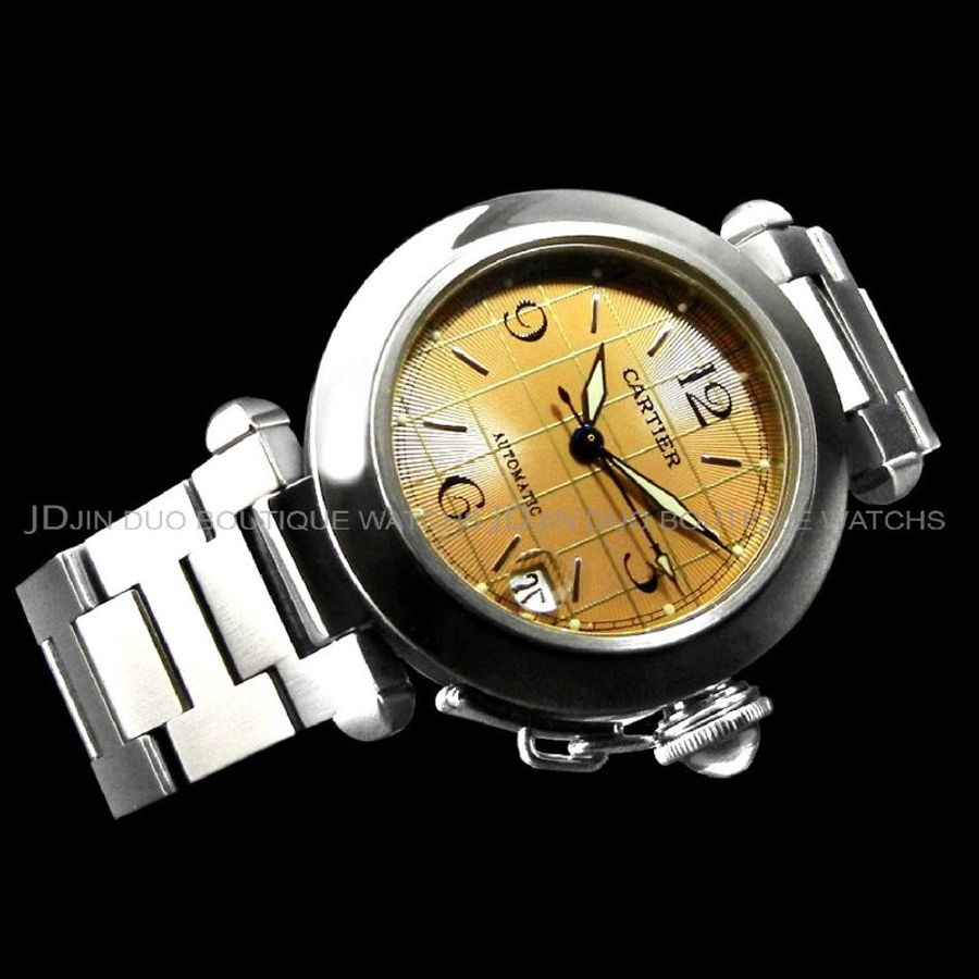 金鐸精品~W907 CARTIER 卡地亞 PASHA 棕色格紋面中型款 自動上鍊女用腕錶-1