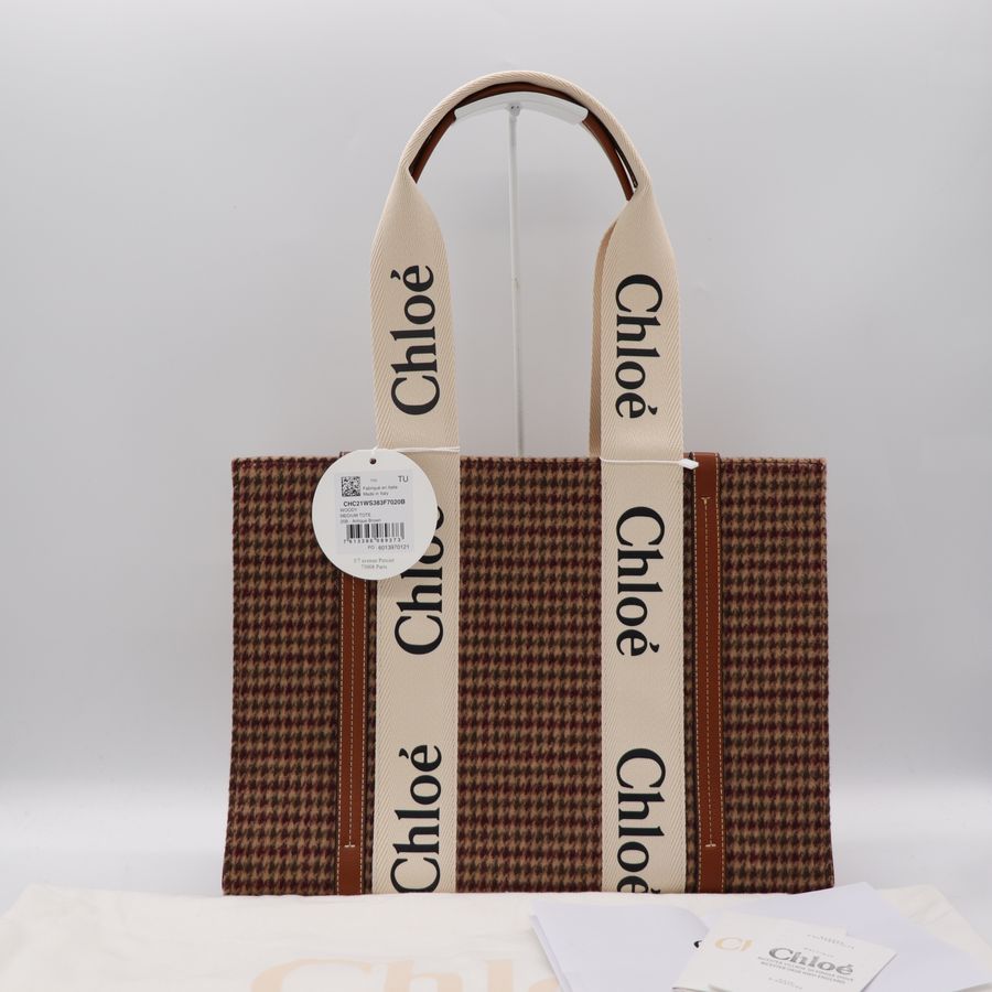 Chloé 蔻伊 Woody tote 中號 千鳥紋/棕色 拼接 托特包-1