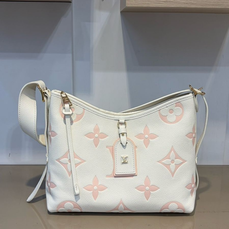 LV 奶油白拼櫻花粉牛皮壓紋CarryAll PM肩斜背包M24141-0