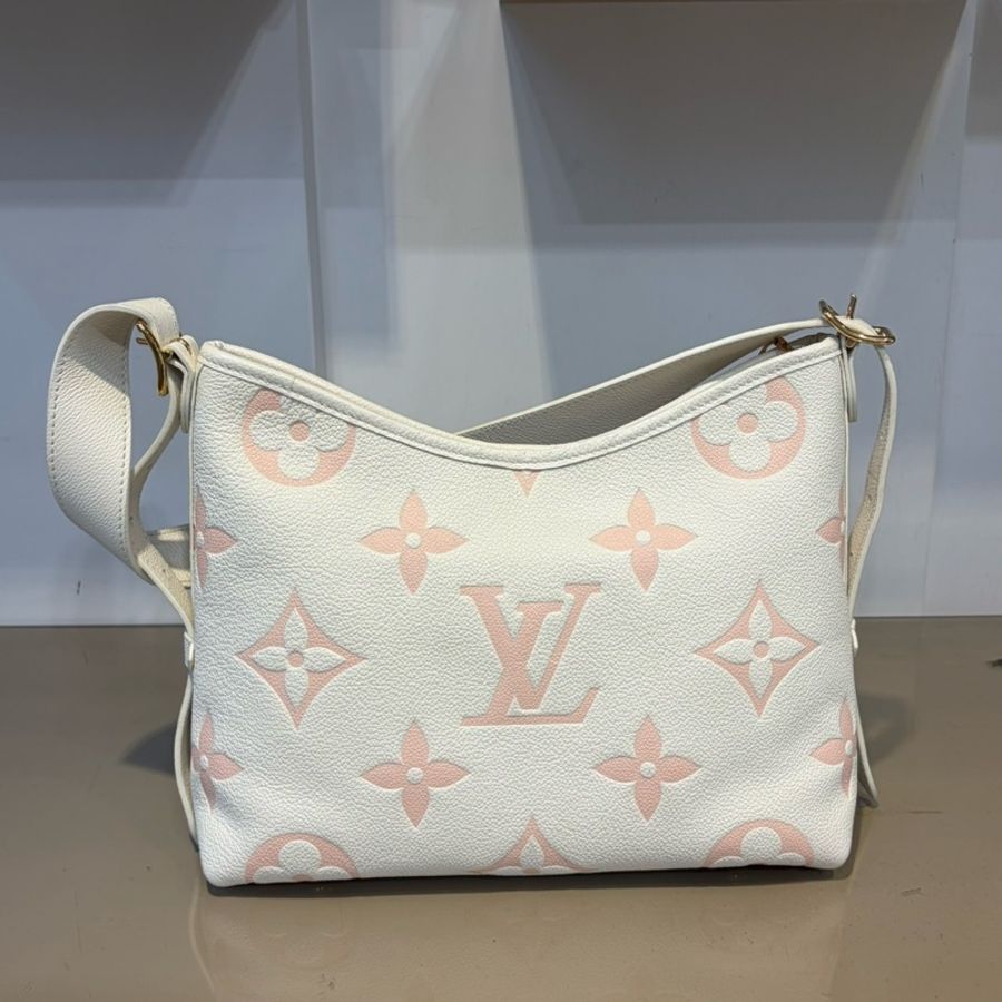 LV 奶油白拼櫻花粉牛皮壓紋CarryAll PM肩斜背包M24141-1