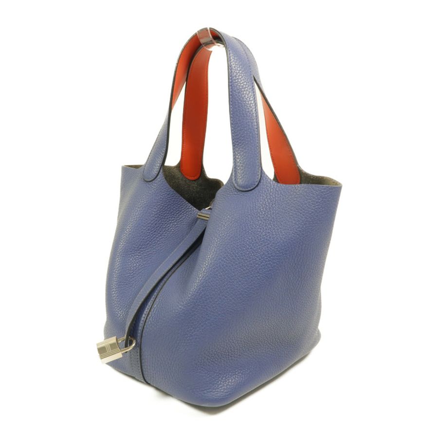 HERMES Clemence皮革Picotin MM手挽袋Bleu Brighton/Capucine-2