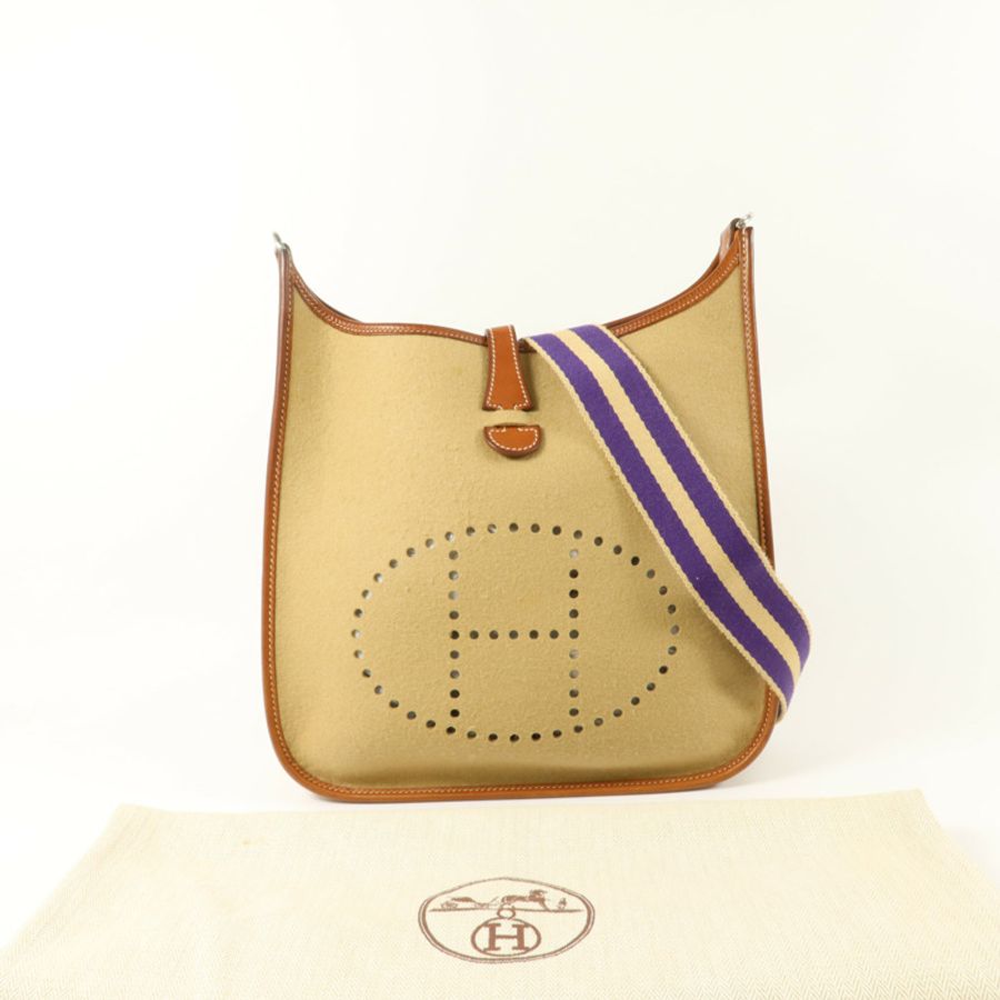 HERMES Felt/Barenia皮革Evelyne PM肩背袋Fauve/Iris-8