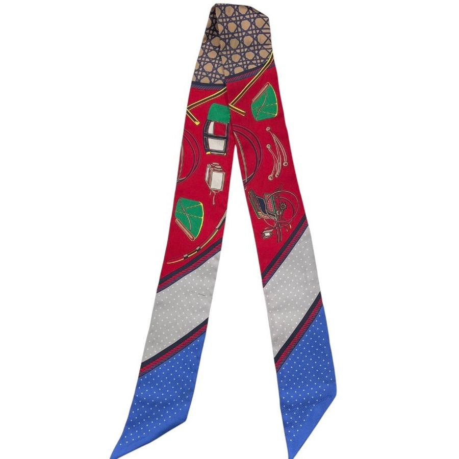 HERMES 愛馬仕 TWILLY 長絲巾 100%蠶絲 紅藍色系-2