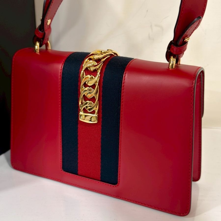 GUCCI古馳Sylvie紅色賽爾維亞全皮中號👹㊗️-17