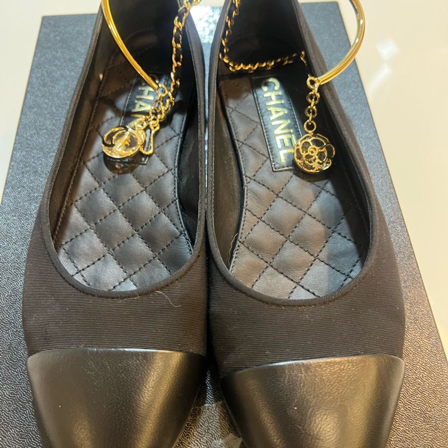 香奈兒 (CHANEL) 36C 碼 芭蕾舞鞋 帆布/皮革 黑色 淺金色五金-3