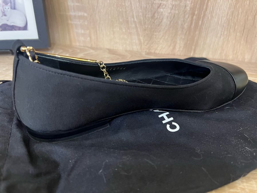 香奈兒 (CHANEL) 36C 碼 芭蕾舞鞋 帆布/皮革 黑色 淺金色五金-16