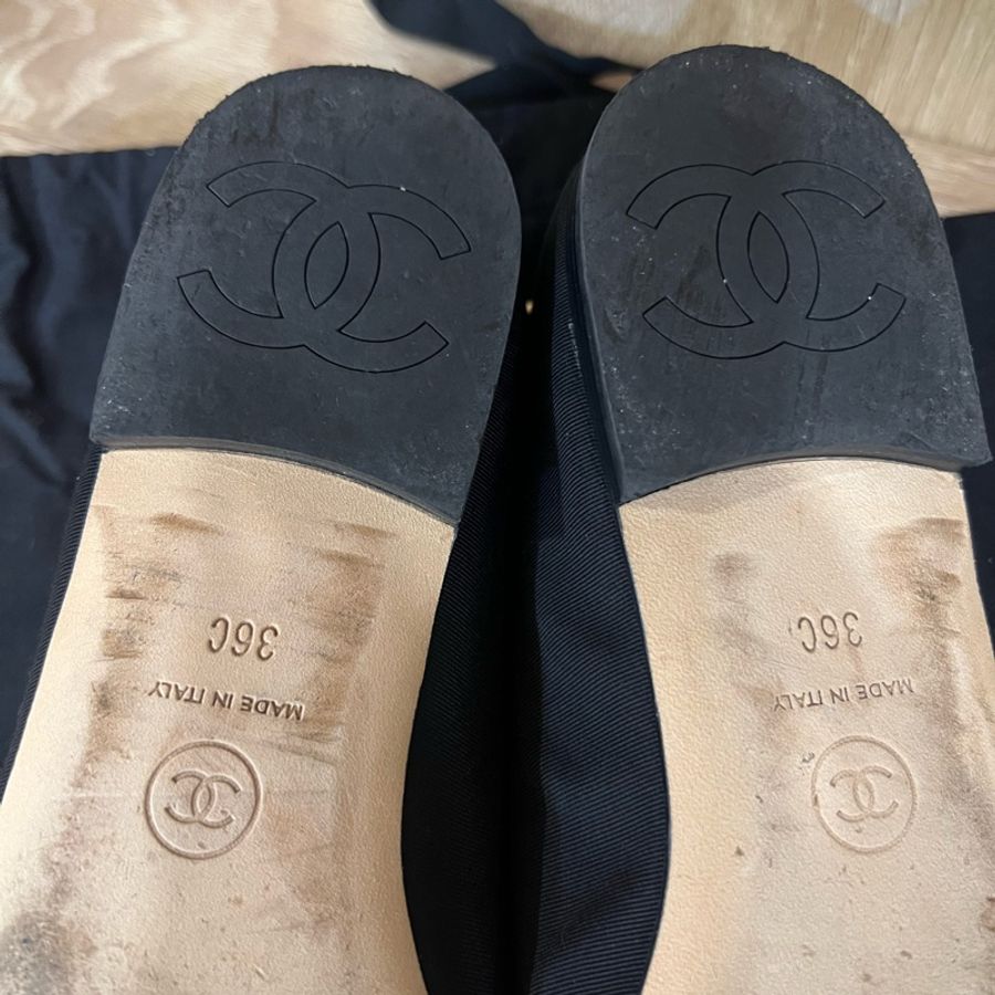 香奈兒 (CHANEL) 36C 碼 芭蕾舞鞋 帆布/皮革 黑色 淺金色五金-18