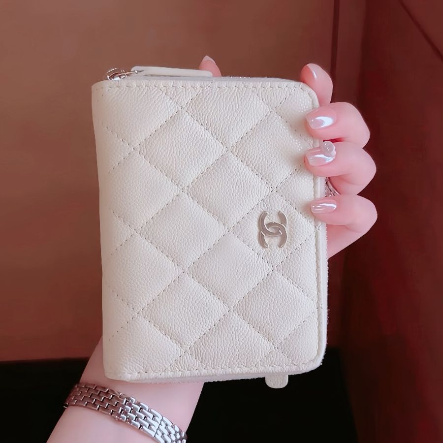 CHANEL香奈兒荔枝皮薄短夾 奶白香檳金扣 Chanel對開拉鍊短夾 薄款 chanel皮夾 短夾 香奈兒小皮件 小香錢包-0