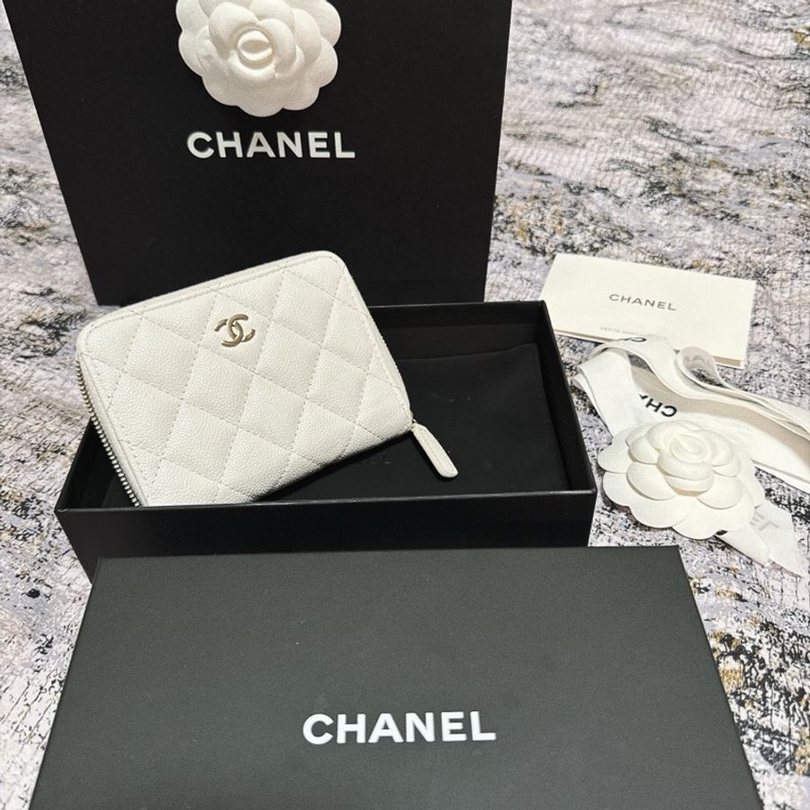 CHANEL香奈兒荔枝皮薄短夾 奶白香檳金扣 Chanel對開拉鍊短夾 薄款 chanel皮夾 短夾 香奈兒小皮件 小香錢包-1