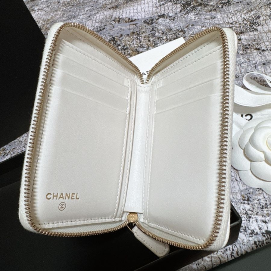 CHANEL香奈兒荔枝皮薄短夾 奶白香檳金扣 Chanel對開拉鍊短夾 薄款 chanel皮夾 短夾 香奈兒小皮件 小香錢包-4