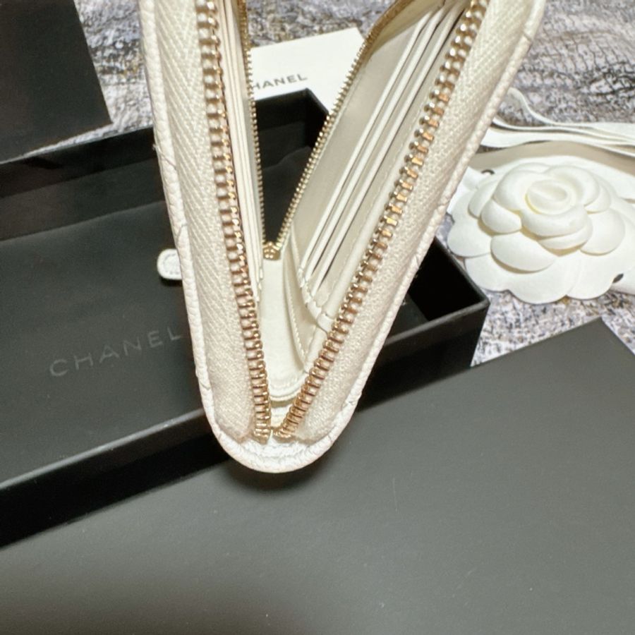 CHANEL香奈兒荔枝皮薄短夾 奶白香檳金扣 Chanel對開拉鍊短夾 薄款 chanel皮夾 短夾 香奈兒小皮件 小香錢包-8