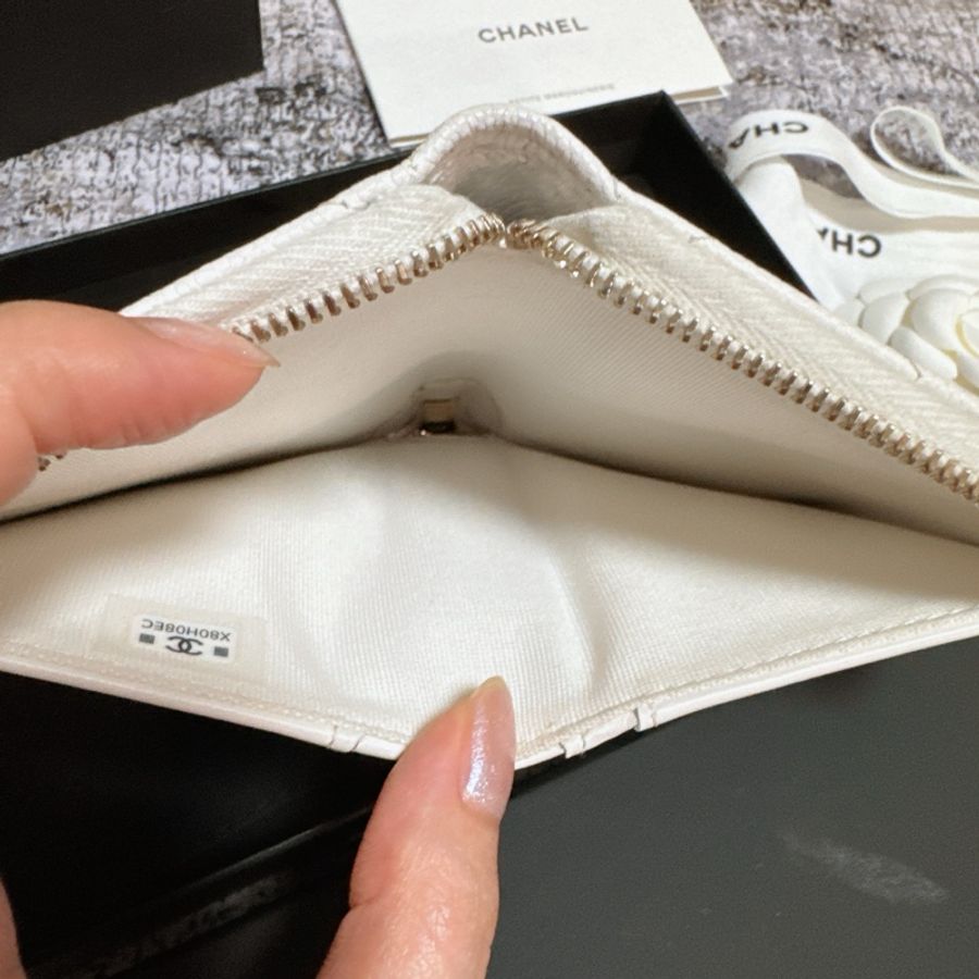 CHANEL香奈兒荔枝皮薄短夾 奶白香檳金扣 Chanel對開拉鍊短夾 薄款 chanel皮夾 短夾 香奈兒小皮件 小香錢包-10