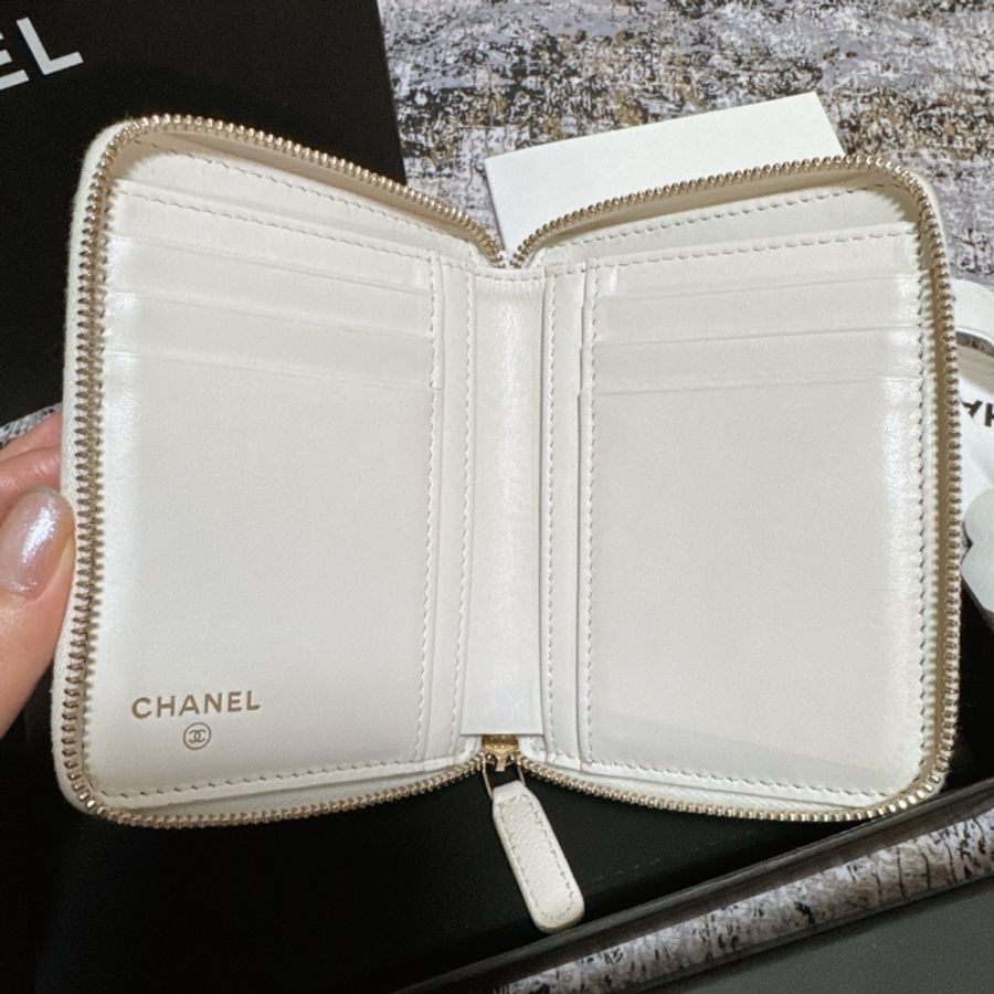CHANEL香奈兒荔枝皮薄短夾 奶白香檳金扣 Chanel對開拉鍊短夾 薄款 chanel皮夾 短夾 香奈兒小皮件 小香錢包-11