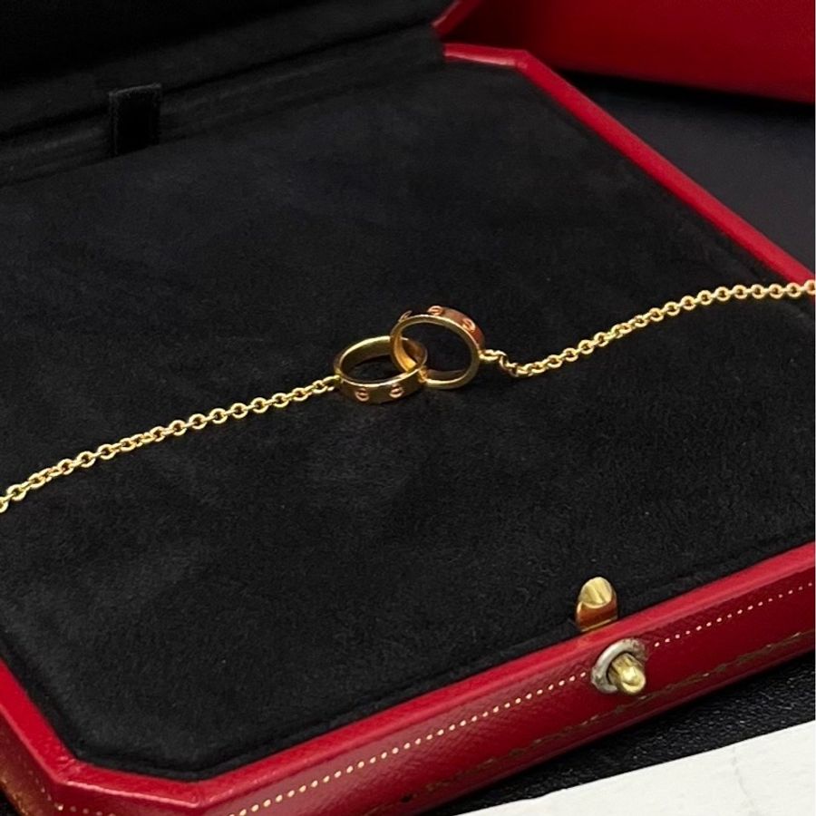98新Cartier卡地亞Love系列 18K玫瑰金雙環無鑽項鍊-6
