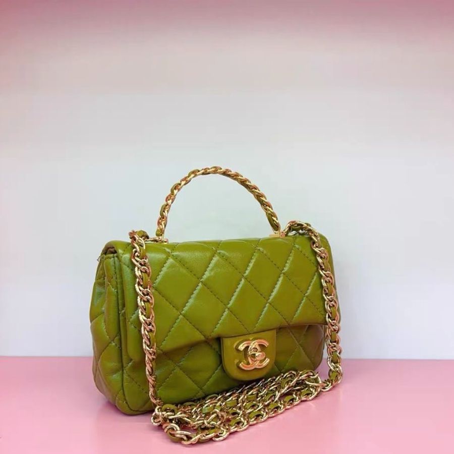 Chanel 23A 綠色油蠟皮金扣 CF大mini 手柄鏈條包 21*13*8 99新配件塵袋-3