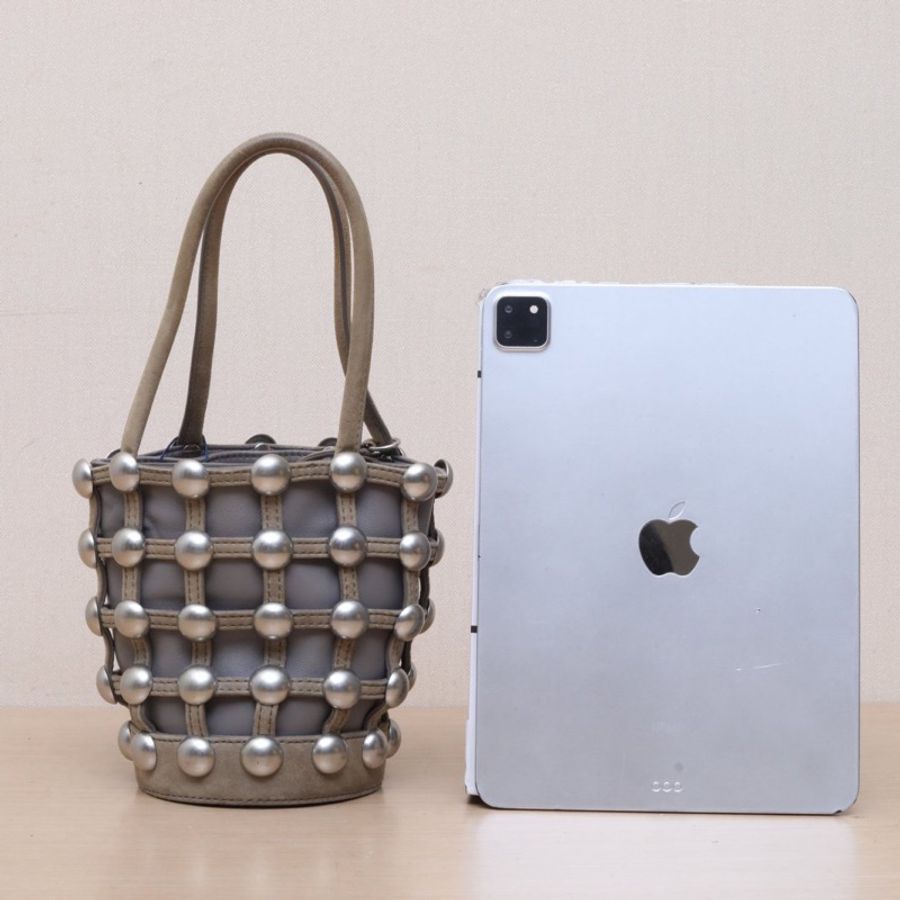 ALEXANDER WANG 灰色羊皮麂皮ROXY鉚釘手提水桶包菜籃子肩背包-2