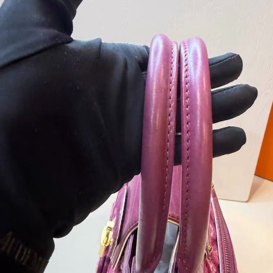 Lv 玫粉色牛仔金鎖扣 拼皮手提包28*22cm 98新配件塵袋 鑰匙 鎖-4