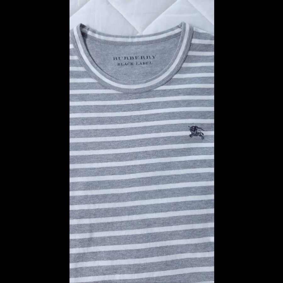 (日本製MIJ)絕版BURBERRY 博柏利 BLACK LABEL 黑標 戰馬 男灰白條紋短袖T恤3號-2