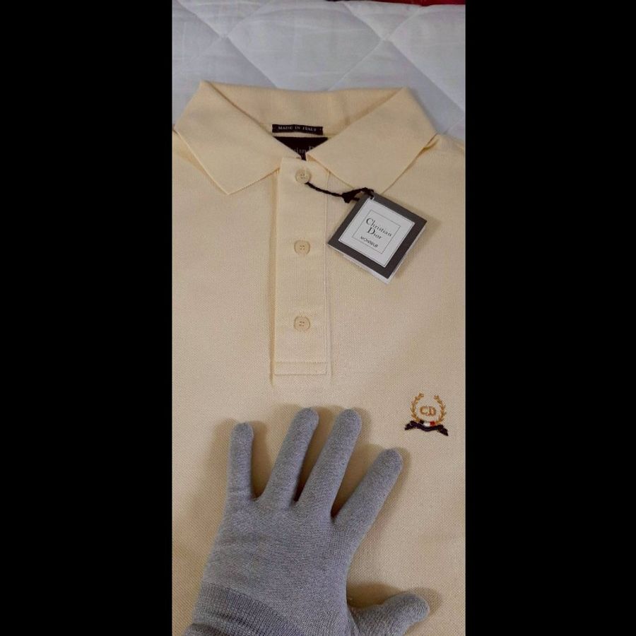 (義大利製MADE IN ITALY )全新CHRISTIAN DIOR克里斯汀 迪奧 MONSIEUR 稀少80年代復古 男鵝黃色透氣網眼布短袖POLO衫46號-2