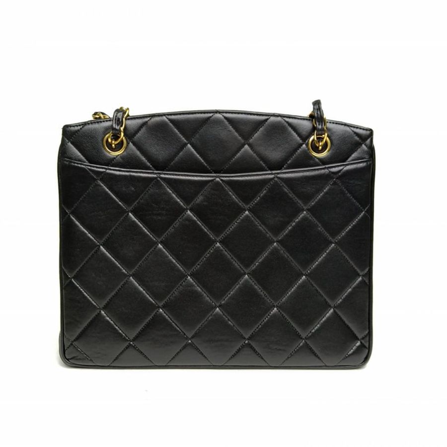 CHANEL 黑色羊皮3開金扣中古黑金貝嫂扣托特包-2