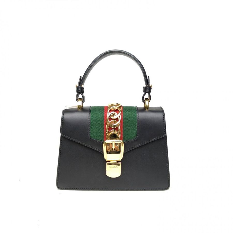 GUCCI Sylvie塞爾維亞絲帶包手提Mini黑色牛皮金扣肩背包-0