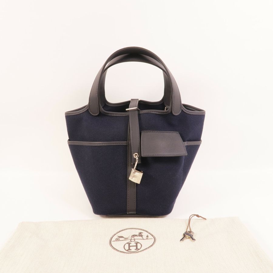 HERMES 帆布/皮革Picotin Cargo PM手挽袋Bleu Marine-9