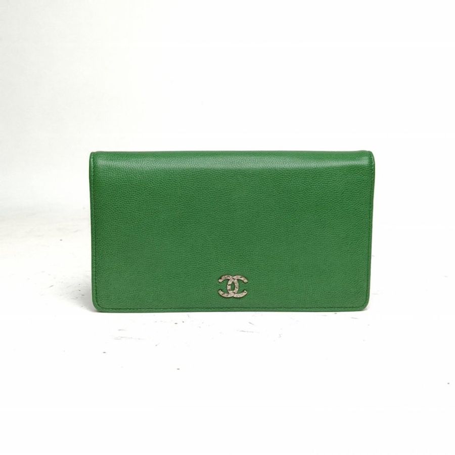 CHANEL 綠色牛皮13開銀扣長款對折錢包-0