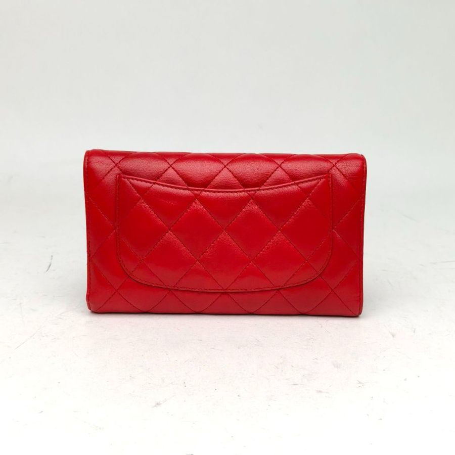 CHANEL 紅色羊皮13開銀扣CF長款三折口蓋錢包-2