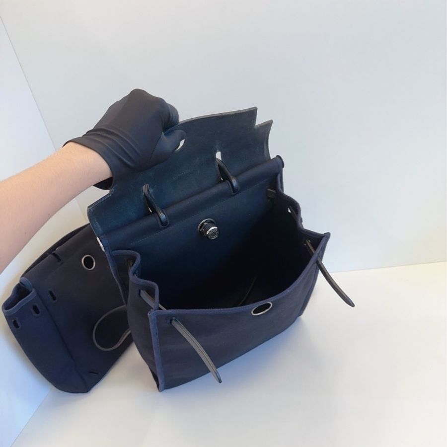 🐎Hermes 愛馬仕|中古herbag|全黑銀扣帆布拼皮雙肩包|97新-8