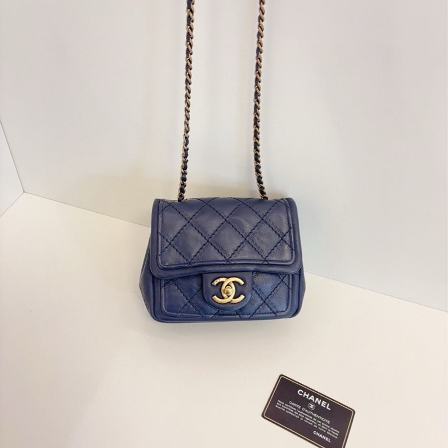 💎Chanel香奈兒|外縫菱格CF方胖子|霧霾灰藍色鏈條包|大雙C旋扣|98新-4