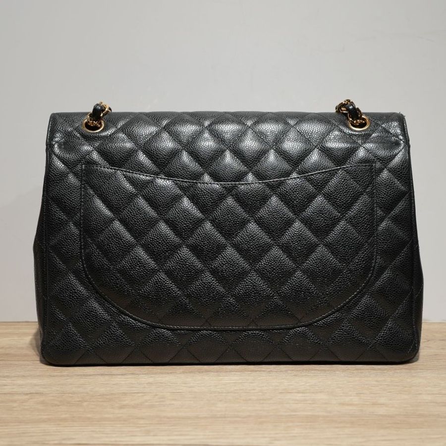 CHANEL CF口蓋包MAXI黑色荔枝牛皮15開金扣肩背包-2