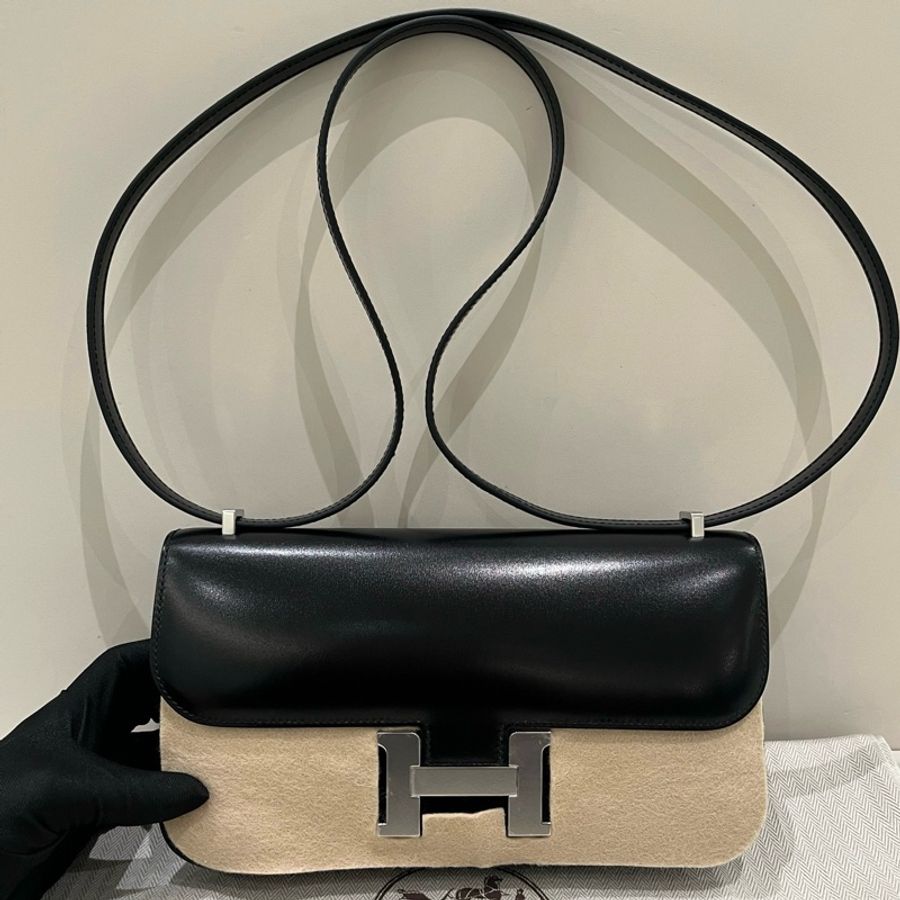 ✨Hermes 愛馬仕 康康elan斜背包黑銀box皮 W刻-2