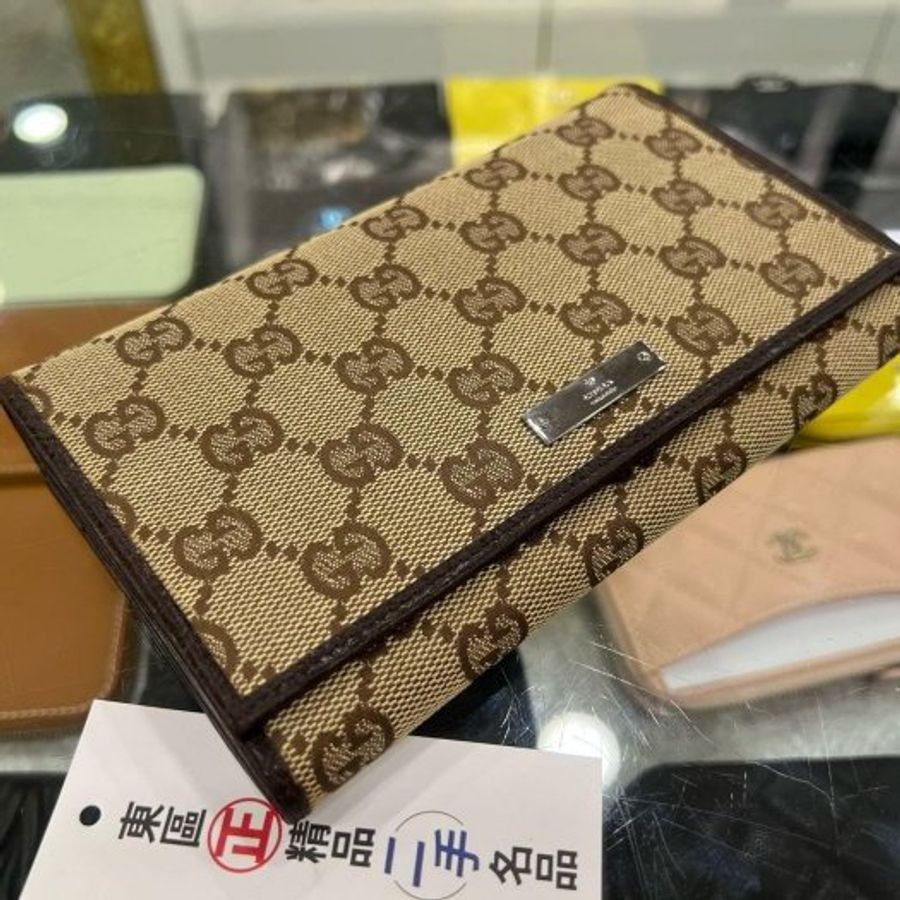 東區正精品㊣GUCCI 115100 咖啡色帆布釦子蝴蝶扣長夾皮夾 RA1867-6