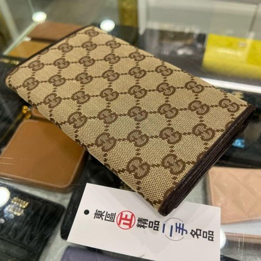 東區正精品㊣GUCCI 115100 咖啡色帆布釦子蝴蝶扣長夾皮夾 RA1867-8