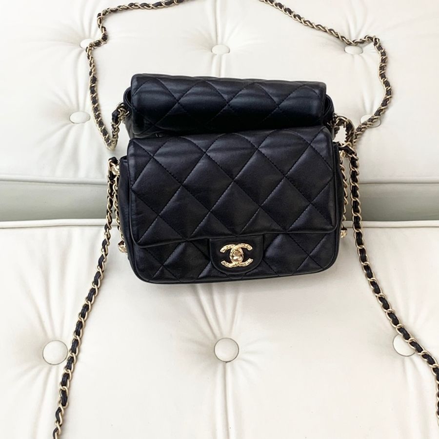 Chanel香奈兒 23B方胖子黑色羊皮滾邊皮穿鏈 金色菠蘿扣單肩斜挎包-1